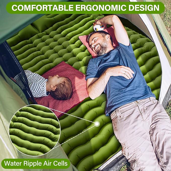 Double Sleeping Pad - 2 Person with Pillow Built-in Foot Pump Inflatable Sleeping Mat for Backpacking, Hiking, Traveling, Tent, Portable Camping Mat