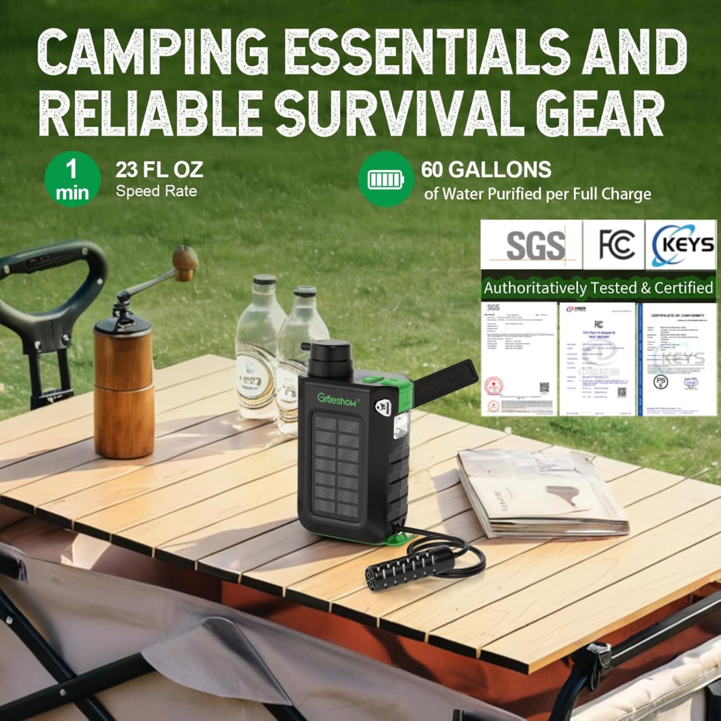 Electric Portable Water Filter Camping - Solar Powered, Hand Crank, USB Charging, Water Purifier Survival with Emergency Light for Hiking Backpacking Travel Outdoor, Phone Charger