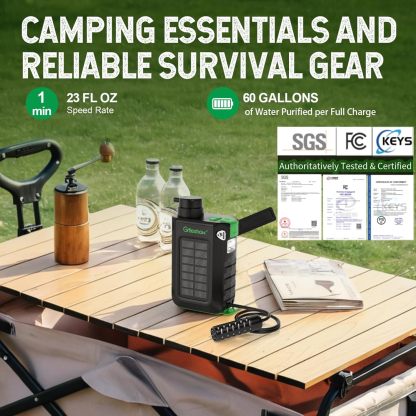 Electric Portable Water Filter Camping - Solar Powered, Hand Crank, USB Charging, Water Purifier Survival with Emergency Light for Hiking Backpacking Travel Outdoor, Phone Charger