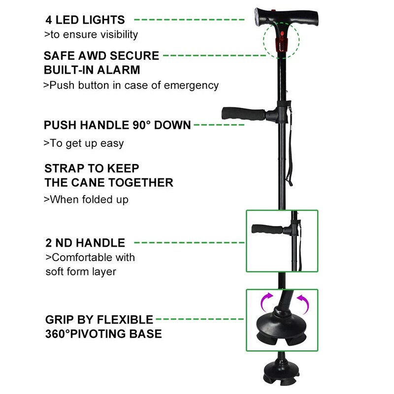 Collapsible Telescopic Cane Folding Crutch LED Lightweight Safety Walking Stick Gifts for The Elder