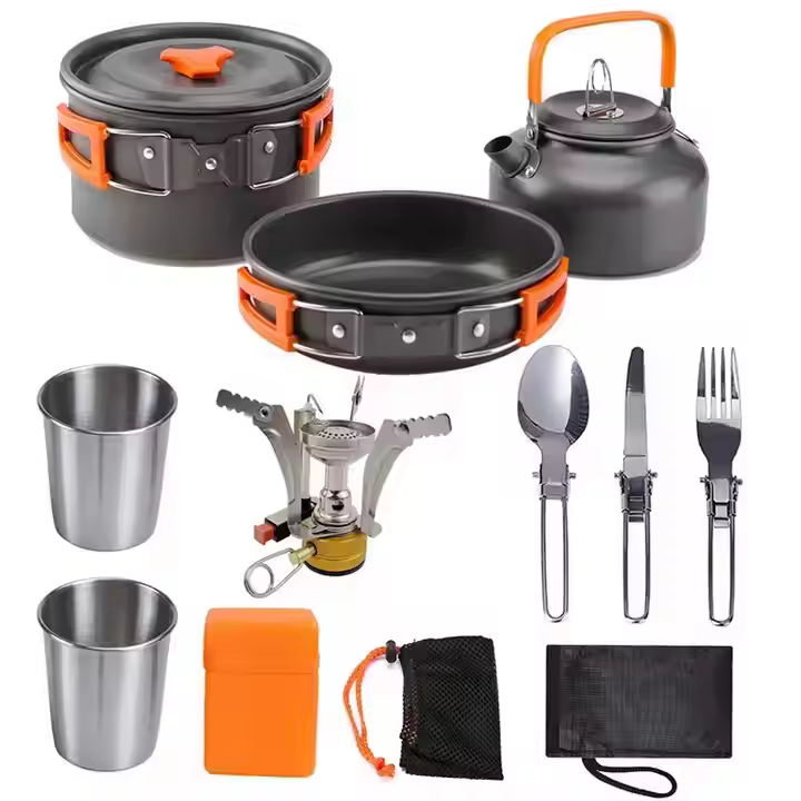 Camping Cookware Set with Stove, Portable Camping Mess Kit with Pots /Pans and Folding Fork for Outdoor/Camping/Hiking/Picnic