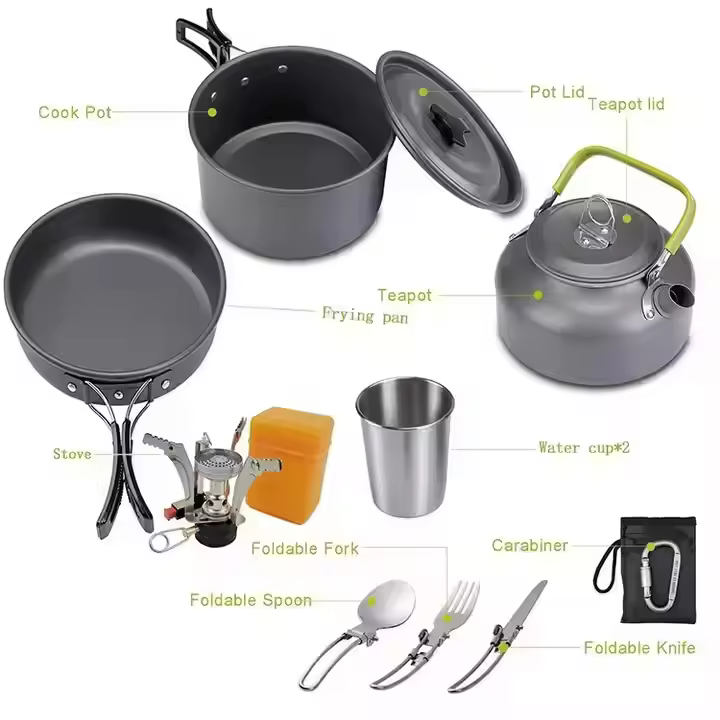 Camping Cookware Set with Stove, Portable Camping Mess Kit with Pots /Pans and Folding Fork for Outdoor/Camping/Hiking/Picnic