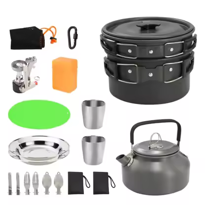 Aluminum Alloy Camping Pot Hiking Picnic Tourist Tableware Set With Folding Spoon Mini Gas Stove Outdoor Camping Trip Cookware