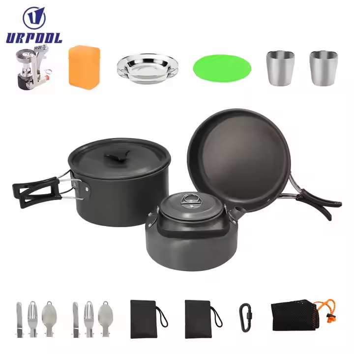 Aluminum Alloy Camping Pot Hiking Picnic Tourist Tableware Set With Folding Spoon Mini Gas Stove Outdoor Camping Trip Cookware