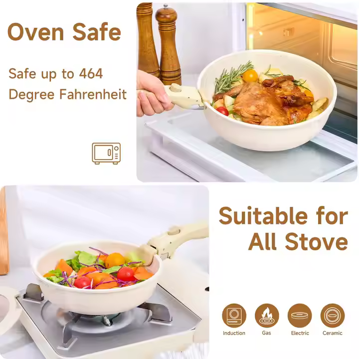 6pcs Non-Stick Cookware Set Removable Handle Induction Cooker Kitchen Cooking Set Oven Safe Motorhome Camping Stackable Pot Set
