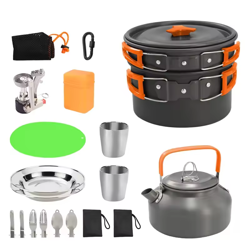 Aluminum Alloy Camping Pot Hiking Picnic Tourist Tableware Set With Folding Spoon Mini Gas Stove Outdoor Camping Trip Cookware