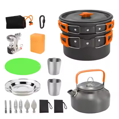 Aluminum Alloy Camping Pot Hiking Picnic Tourist Tableware Set With Folding Spoon Mini Gas Stove Outdoor Camping Trip Cookware