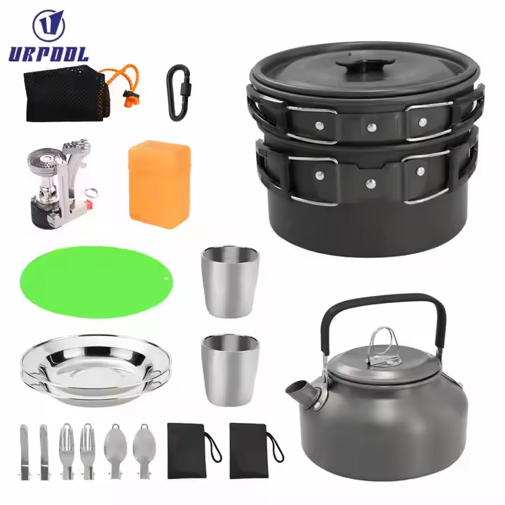 Aluminum Alloy Camping Pot Hiking Picnic Tourist Tableware Set With Folding Spoon Mini Gas Stove Outdoor Camping Trip Cookware