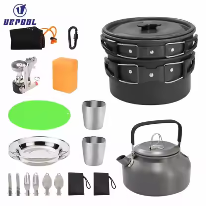 Aluminum Alloy Camping Pot Hiking Picnic Tourist Tableware Set With Folding Spoon Mini Gas Stove Outdoor Camping Trip Cookware