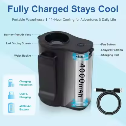 Portable Wearable 13300RPM Waist Fan 100 Speeds 4000mAh Rechargeable Hands-Free Mini Summer Outdoor Hiking Camping Travel Fan