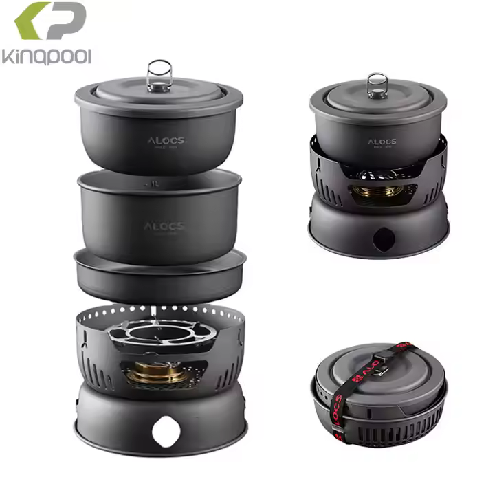 Kingpool Custom Logo 9 Pcs Aluminum Outdoor Camping Cooking Gear Cookware Sets Travel Pots and Pans Mess Kit with Stove Set