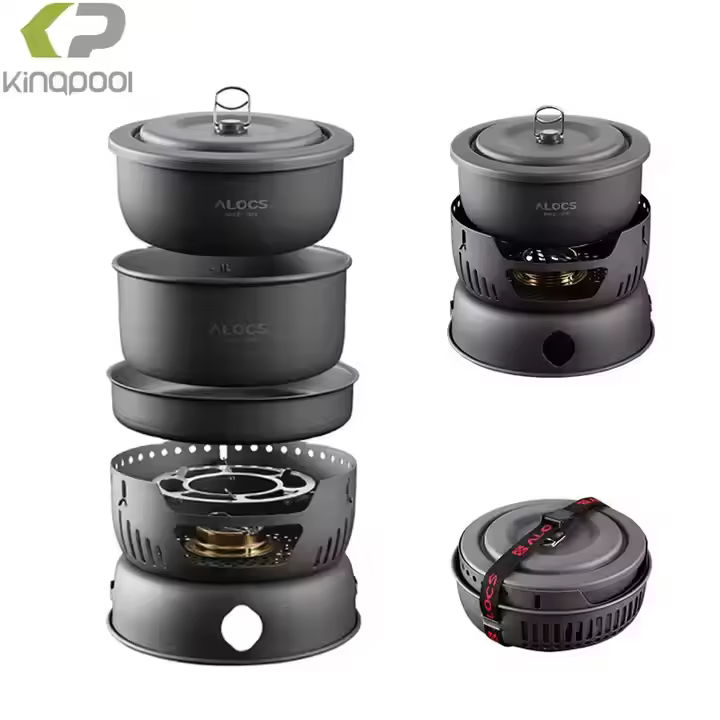 Kingpool Custom Logo 9 Pcs Aluminum Outdoor Camping Cooking Gear Cookware Sets Travel Pots and Pans Mess Kit with Stove Set