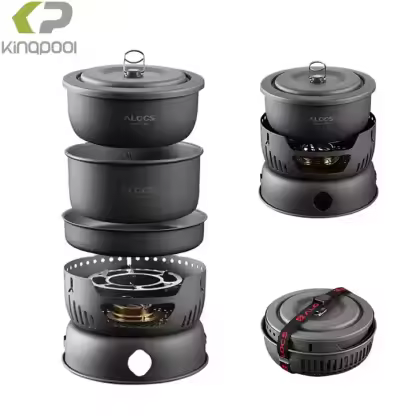 Kingpool Custom Logo 9 Pcs Aluminum Outdoor Camping Cooking Gear Cookware Sets Travel Pots and Pans Mess Kit with Stove Set