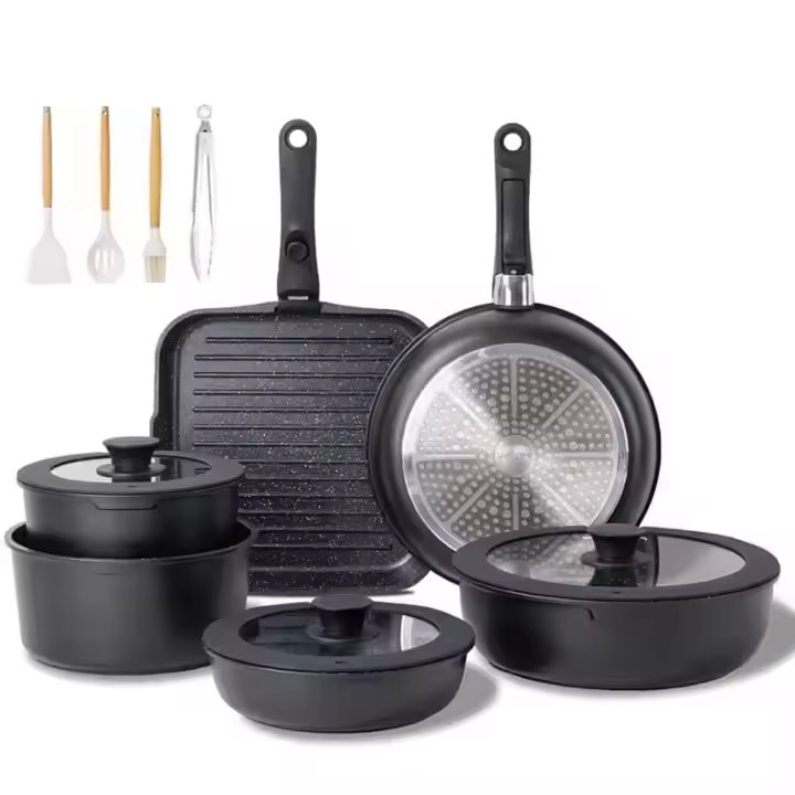 6pcs Non-Stick Cookware Set Removable Handle Induction Cooker Kitchen Cooking Set Oven Safe Motorhome Camping Stackable Pot Set