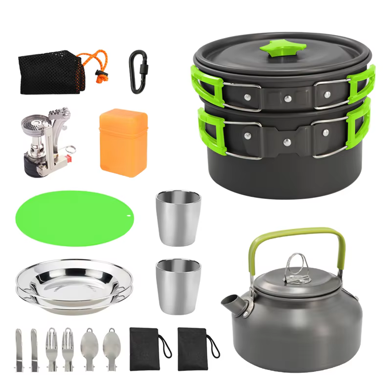Aluminum Alloy Camping Pot Hiking Picnic Tourist Tableware Set With Folding Spoon Mini Gas Stove Outdoor Camping Trip Cookware