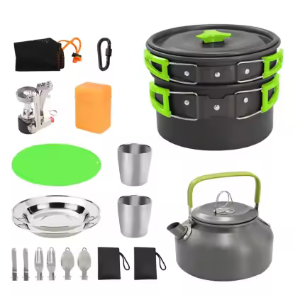 Aluminum Alloy Camping Pot Hiking Picnic Tourist Tableware Set With Folding Spoon Mini Gas Stove Outdoor Camping Trip Cookware