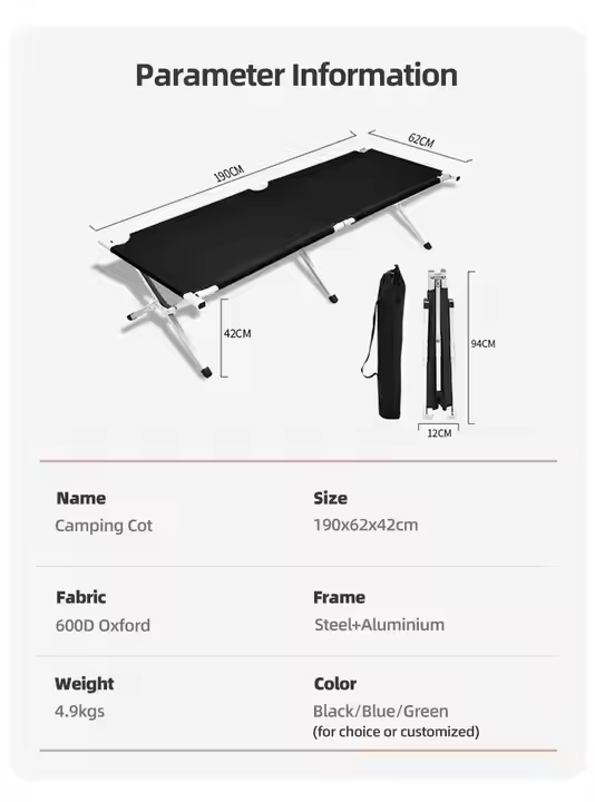Lightweight Aluminum Frame Camping Cot Bed Modern Portable Ultralight Foldable Cot for Outdoor Hospital & Gym Use