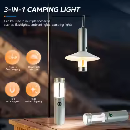 Outdoor 3-in-1 Portable Camping Light With Magnet Hook Dual Light Source Camp Atmosphere Strong Light Emergency Flashlight