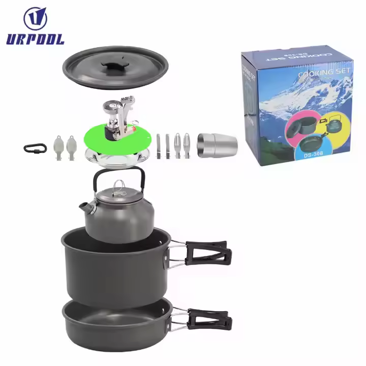 Aluminum Alloy Camping Pot Hiking Picnic Tourist Tableware Set With Folding Spoon Mini Gas Stove Outdoor Camping Trip Cookware