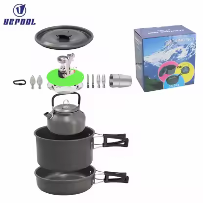 Aluminum Alloy Camping Pot Hiking Picnic Tourist Tableware Set With Folding Spoon Mini Gas Stove Outdoor Camping Trip Cookware