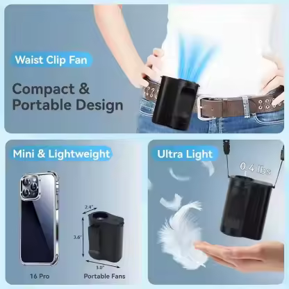 Portable Wearable 13300RPM Waist Fan 100 Speeds 4000mAh Rechargeable Hands-Free Mini Summer Outdoor Hiking Camping Travel Fan