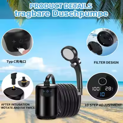 Portable Shower for Camping, 8000mAh Rechargeable Camping Shower with Intelligent LED Display, 4 Spray Modes