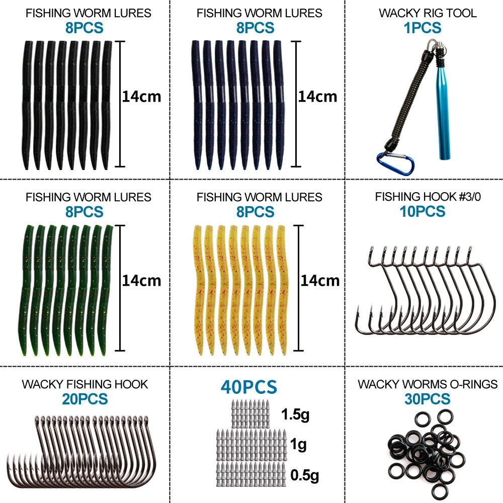 133-Piece Fishing Lure Set with Soft Worms, Hooks, O-Rings, and Wacky Rig Tool