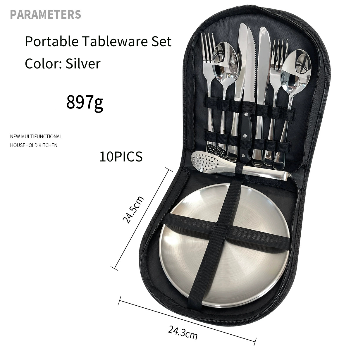 Stainless Steel Outdoor Camping Cutlery Set - Portable 10-Piece Travel Kit with Knife, Fork, Spoon & Pouch 