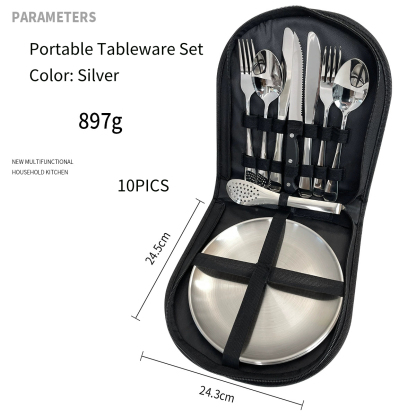 Stainless Steel Outdoor Camping Cutlery Set - Portable 10-Piece Travel Kit with Knife, Fork, Spoon & Pouch 