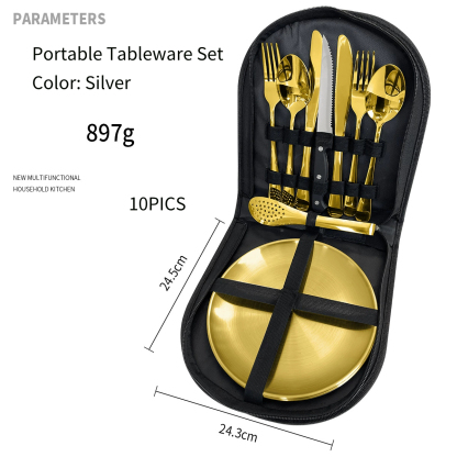 Stainless Steel Outdoor Camping Cutlery Set - Portable 10-Piece Travel Kit with Knife, Fork, Spoon & Pouch 