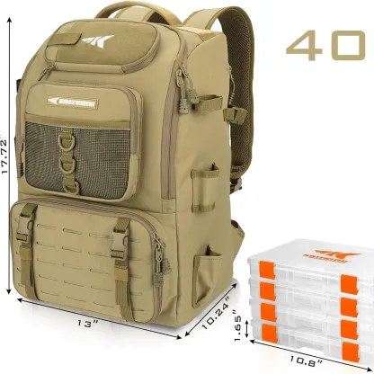 Fishing Tackle Backpack with Rod Holders - 40L Waterproof Fishing Gear Storage Bag