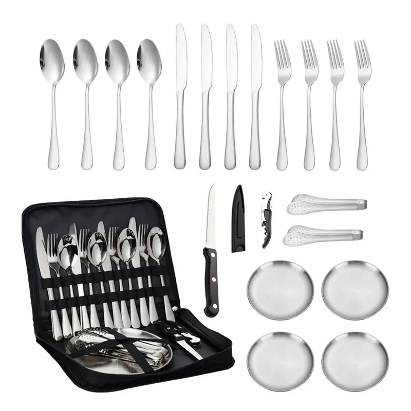 Portable Camping Kitchen Utensil Set - 20 Piece Stainless Steel Cookwa