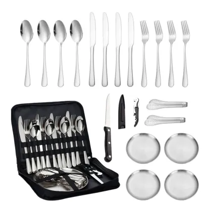 Portable Camping Kitchen Utensil Set - 20 Piece Stainless Steel Cookware Kit for Travel & Outdoor Cooking