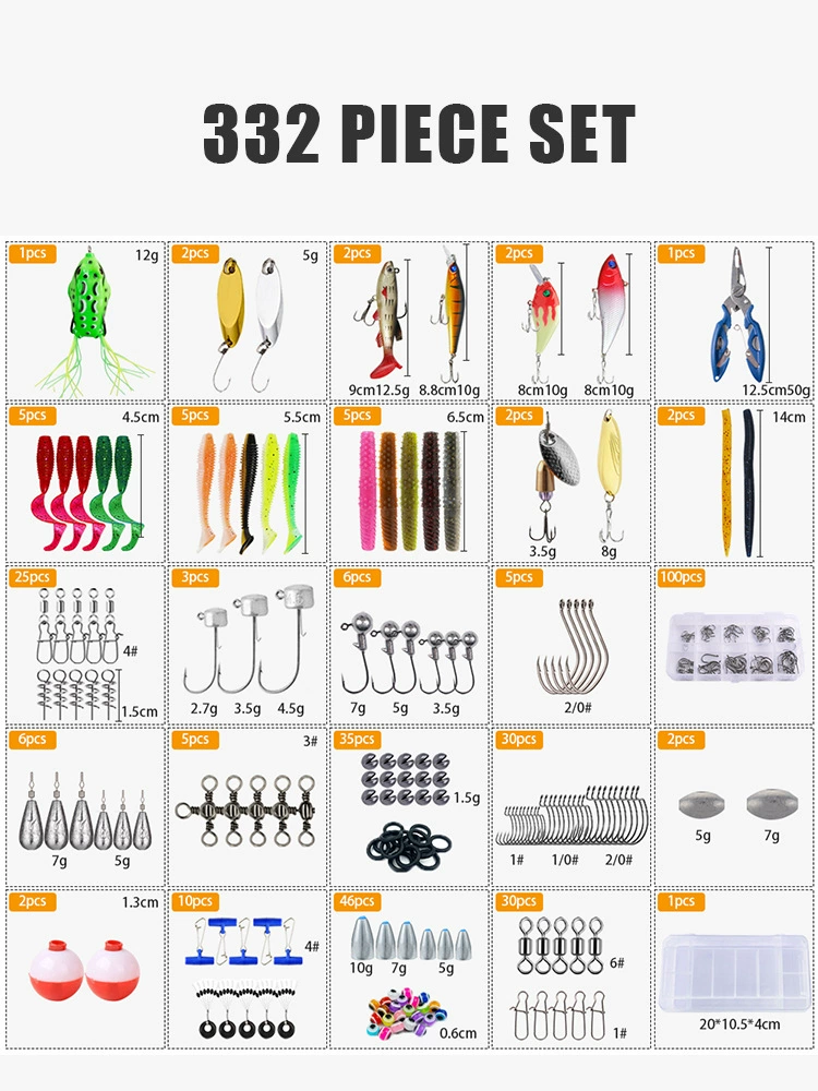 332-Piece Fishing Lure Set with Soft Baits, Hooks, Weights, and Tackle Box