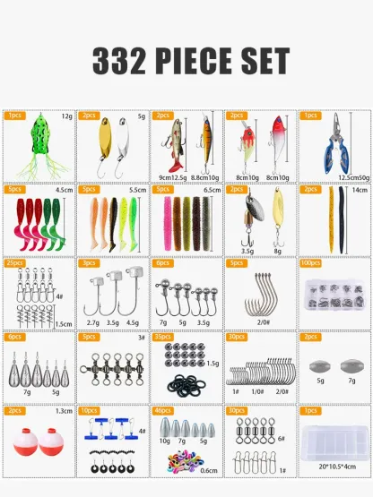 332-Piece Fishing Lure Set with Soft Baits, Hooks, Weights, and Tackle Box