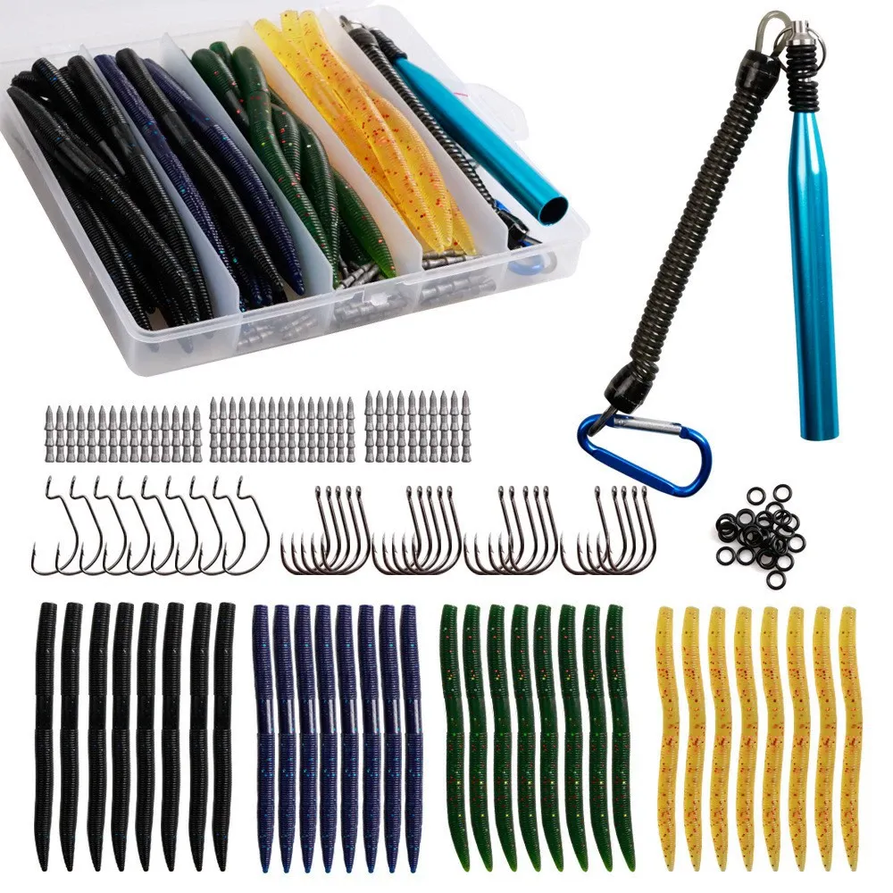 133-Piece Fishing Lure Set with Soft Worms, Hooks, O-Rings, and Wacky Rig Tool