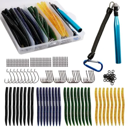 133-Piece Fishing Lure Set with Soft Worms, Hooks, O-Rings, and Wacky Rig Tool