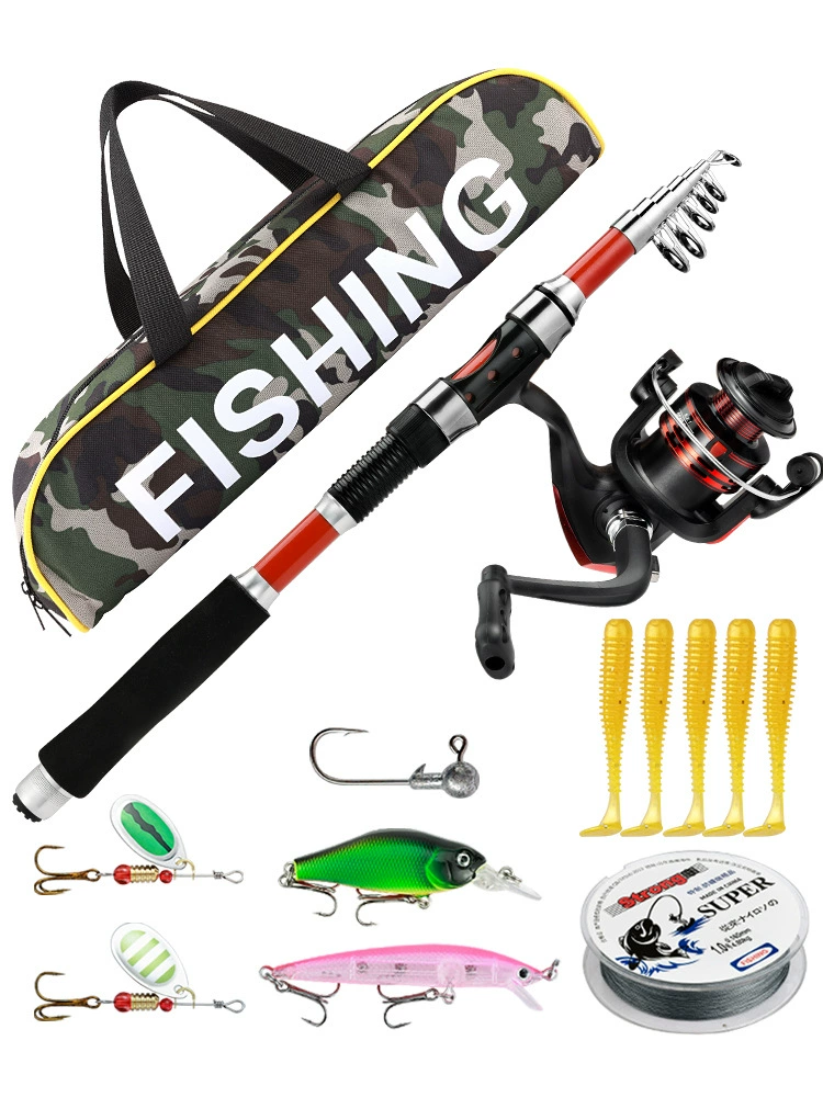 2.1m Lure Fishing Rod Combo with Reel, Line, and Tackle Bag - Blue/Red Set