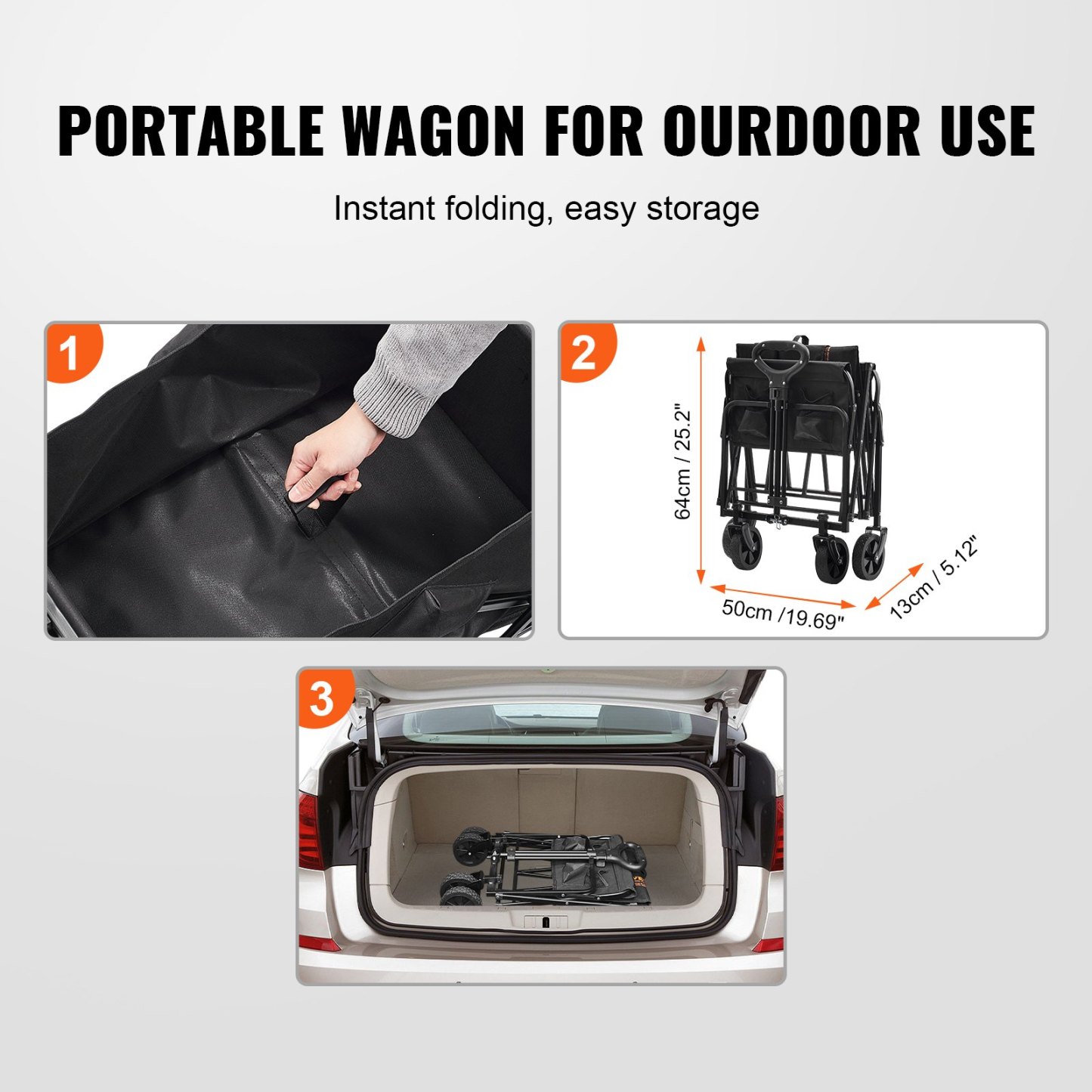 Collapsible Folding Wagon, Beach Wagon Cart with All-Terrain 5in Wheels, Heavy Duty Folding Wagon Cart 220 lbs Weight Capacity with Drink Holders, Sports Wagon for Camping