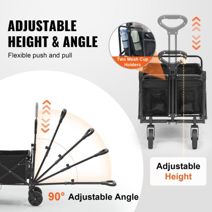 Collapsible Folding Wagon, Beach Wagon Cart with All-Terrain 5in Wheels, Heavy Duty Folding Wagon Cart 220 lbs Weight Capacity with Drink Holders, Sports Wagon for Camping