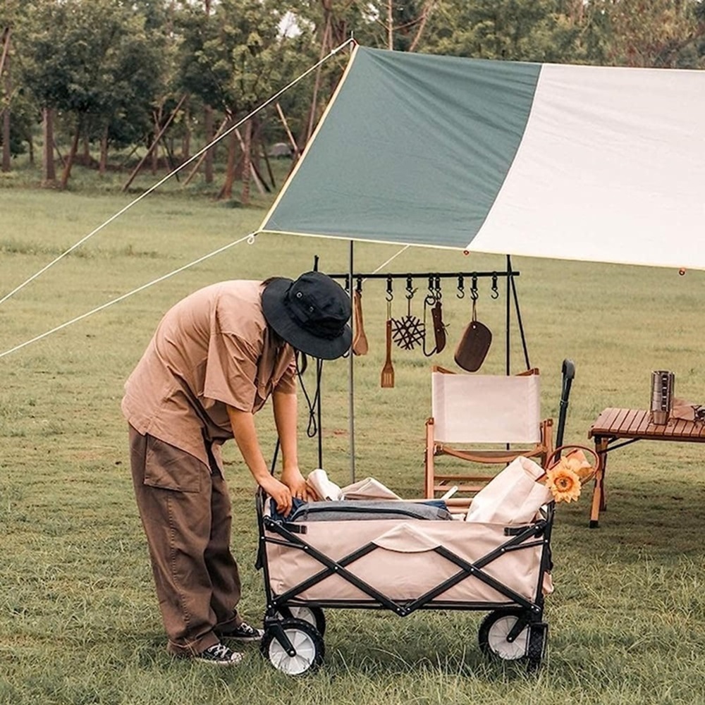 Folding trolley Outdoor camping barbecue trolley, large capacity lightweight storage trolley, folding camping trailer, camping trolley, car boot folding trolley with silent universal wheels, cup holders and side pockets