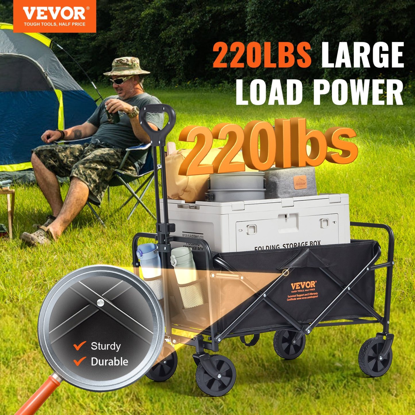 Collapsible Folding Wagon, Beach Wagon Cart with All-Terrain 5in Wheels, Heavy Duty Folding Wagon Cart 220 lbs Weight Capacity with Drink Holders, Sports Wagon for Camping
