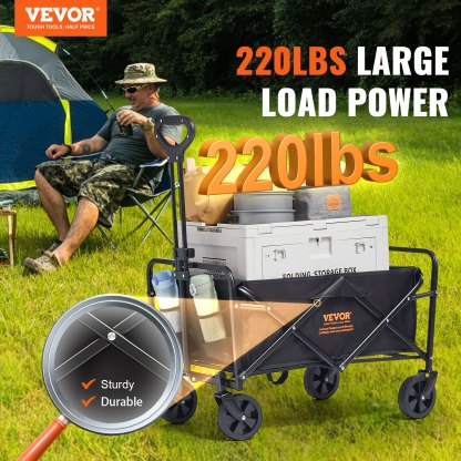 Collapsible Folding Wagon, Beach Wagon Cart with All-Terrain 5in Wheels, Heavy Duty Folding Wagon Cart 220 lbs Weight Capacity with Drink Holders, Sports Wagon for Camping