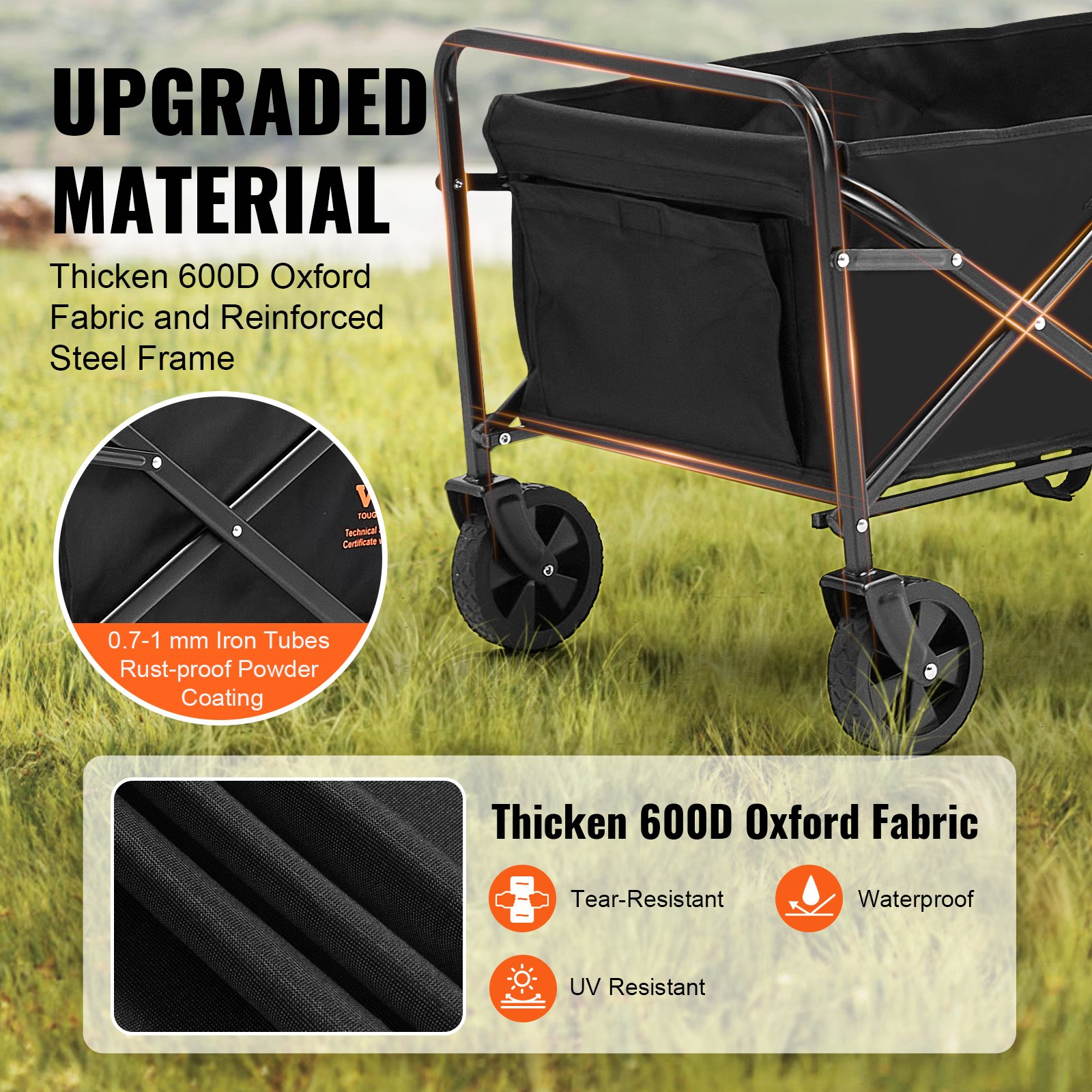 Collapsible Folding Wagon, Beach Wagon Cart with All-Terrain 5in Wheels, Heavy Duty Folding Wagon Cart 220 lbs Weight Capacity with Drink Holders, Sports Wagon for Camping