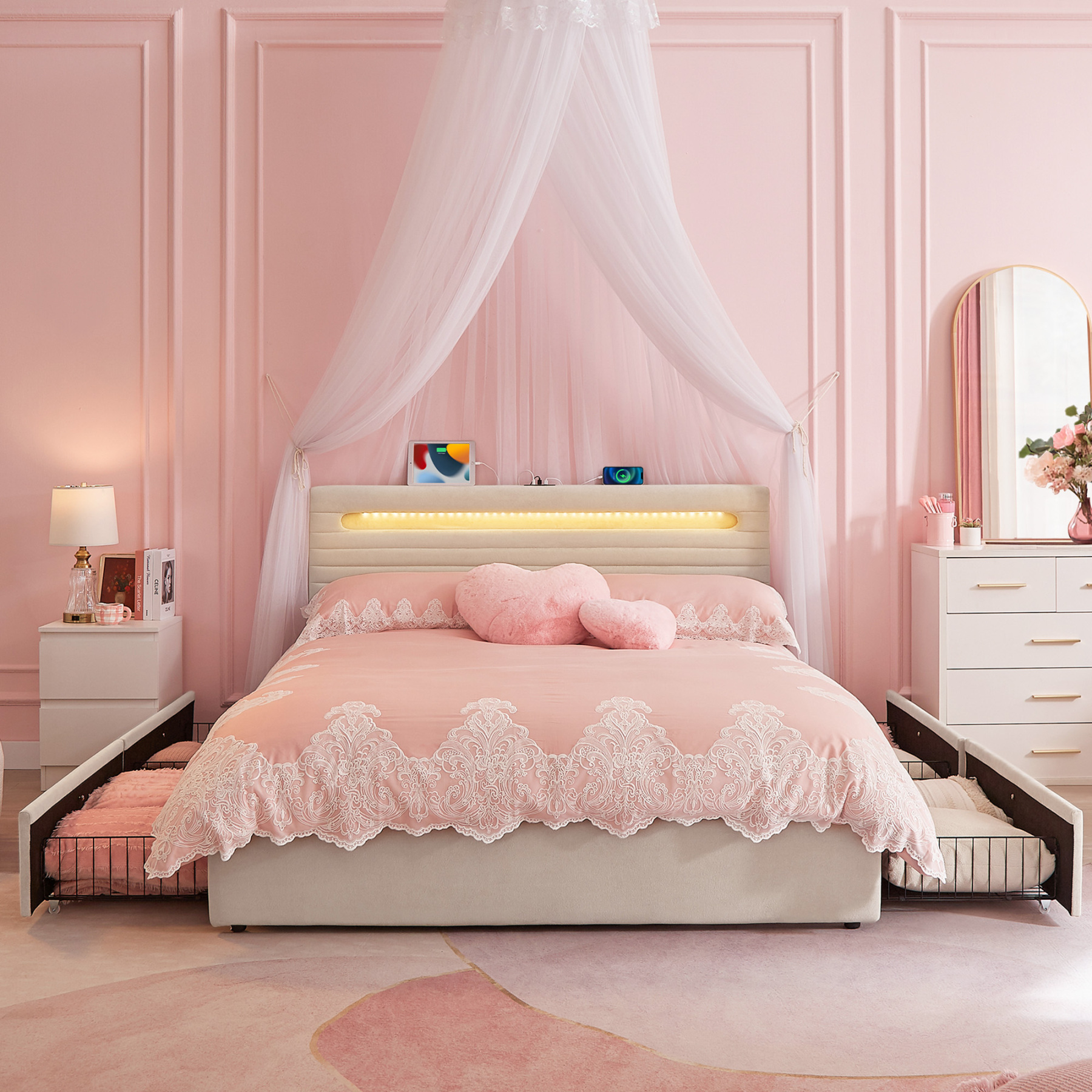 Sailvan Bed Frame with 4 Storage Drawers, Velvet Upholstered LED Bedfr