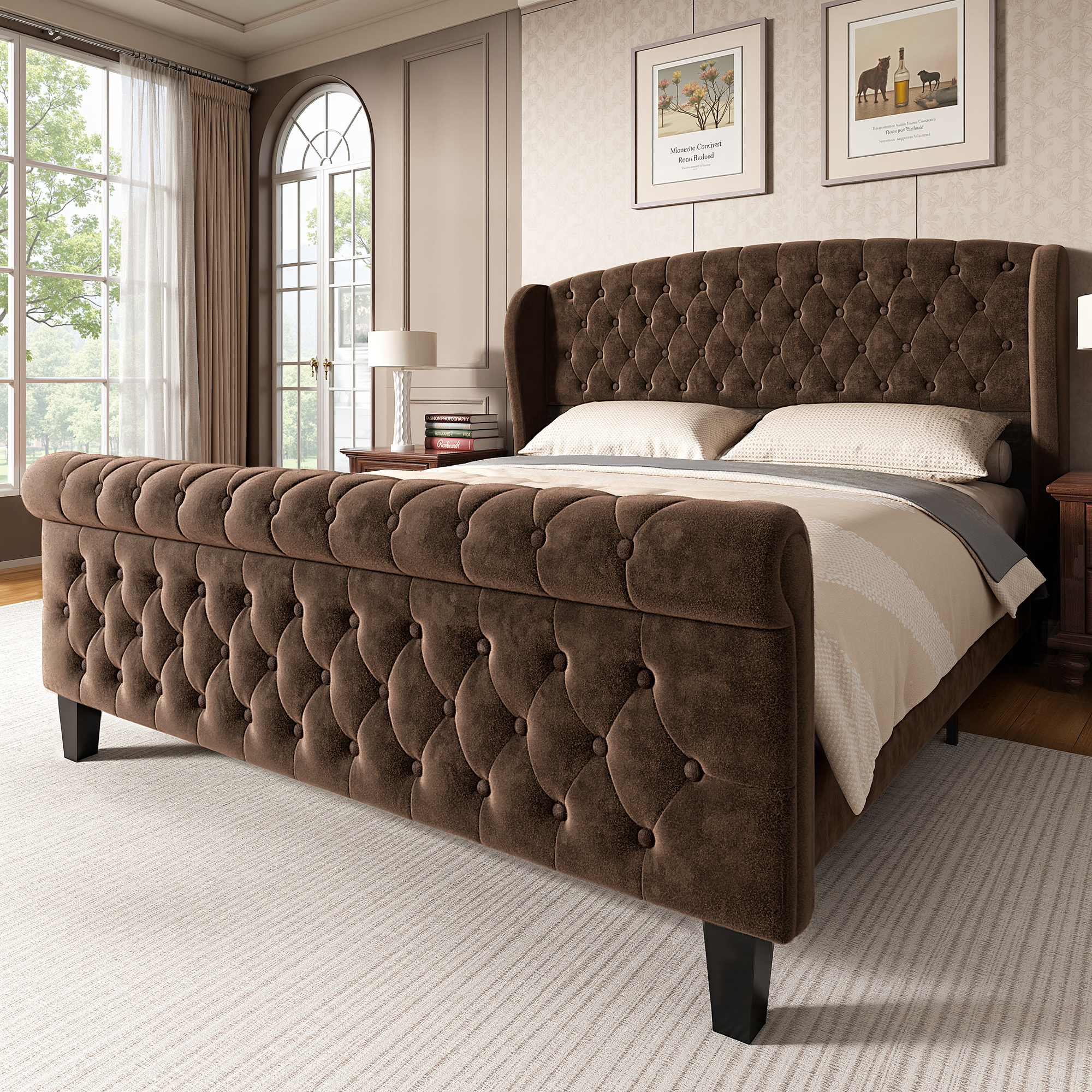 Sailvan Full Platform Bed Frame,Chenille Upholstered Sleigh Bed Frame Full with Rolling Headboard, Button Tufted/No Box Spring Required