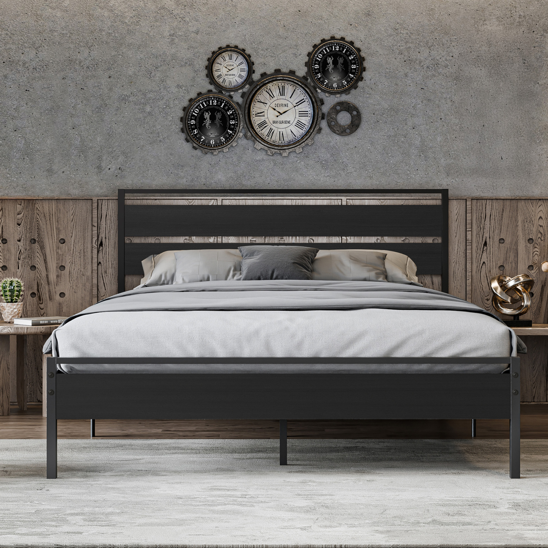Sailvan Queen Bed Frame with Headboard, Platform Bed with Metal Slat Support, No Box Spring Needed, Dark Gray