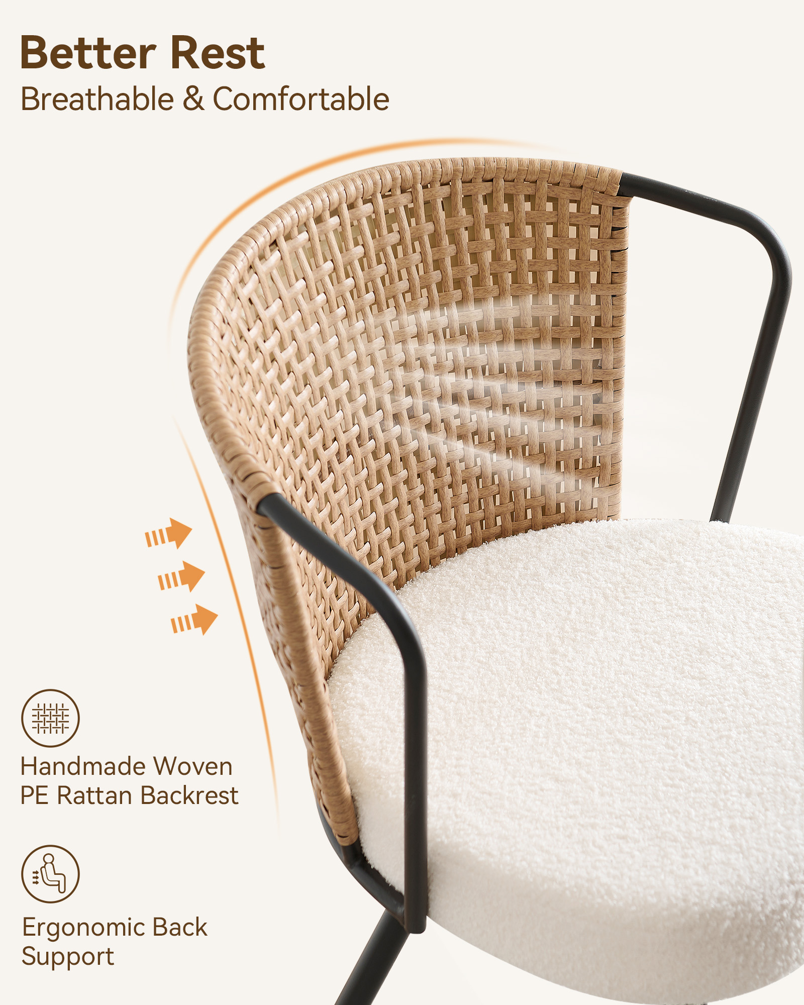 Sailvan Set of 2/4/6 Dining Chairs, Upholstered Rattan Kitchen & Dining Room Chairs with Rattan Backrest & Boucle Cushion, Farmhouse Dining Room Chair with Metal Leg