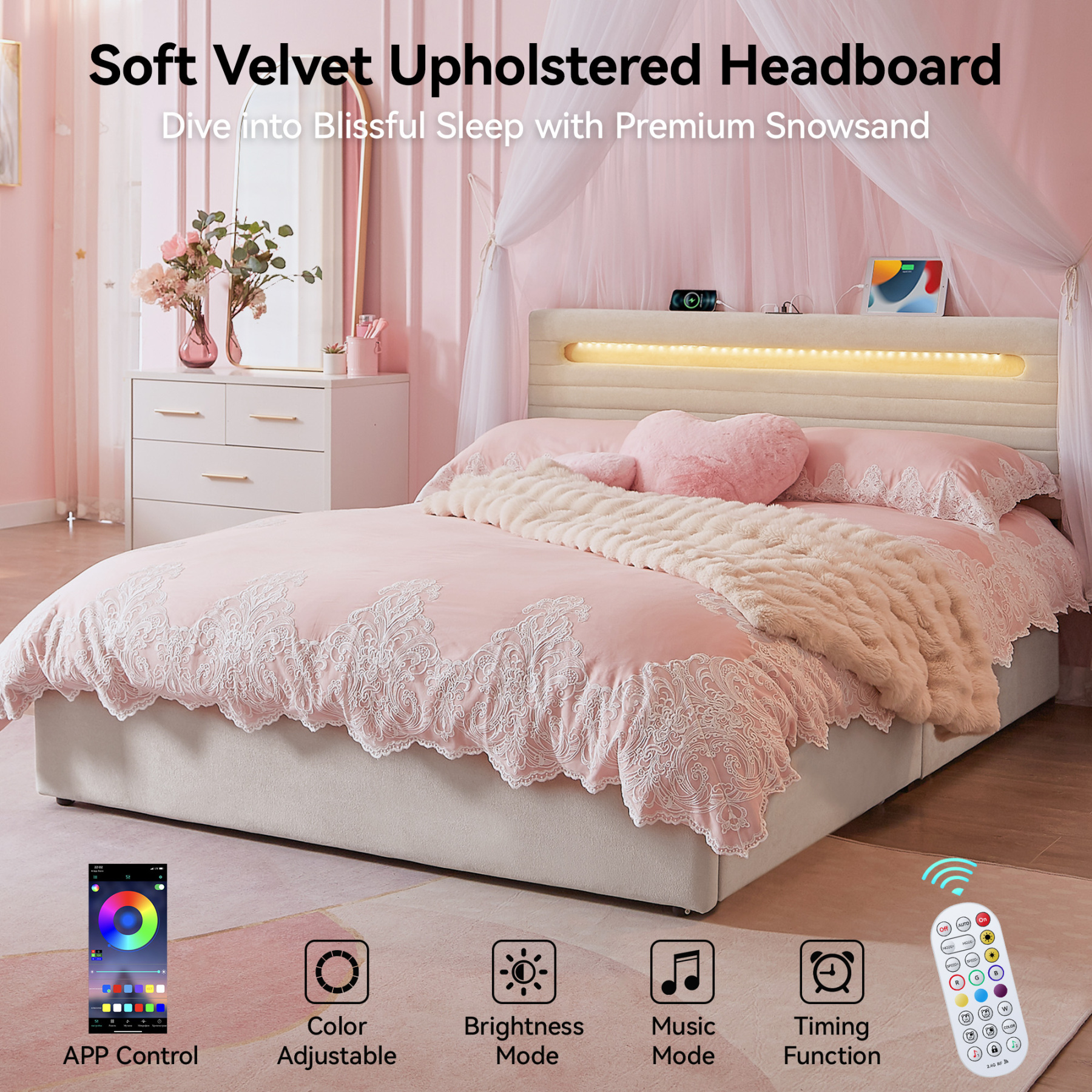 Sailvan Bed Frame with 4 Storage Drawers, Velvet Upholstered LED Bedframe with Charging Station and headboard, Wood Slats Support, No Box Spring Needed,