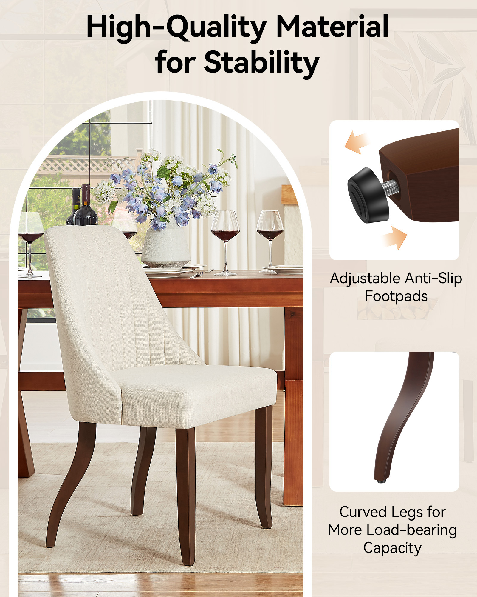  Upholstered Dining Chairs Set of 2,Mid-Century Modern Kitchen Chairs with Curved Backrest, Solid Wood Legs Chairs for Dining Kitchen Living Room Bedroom